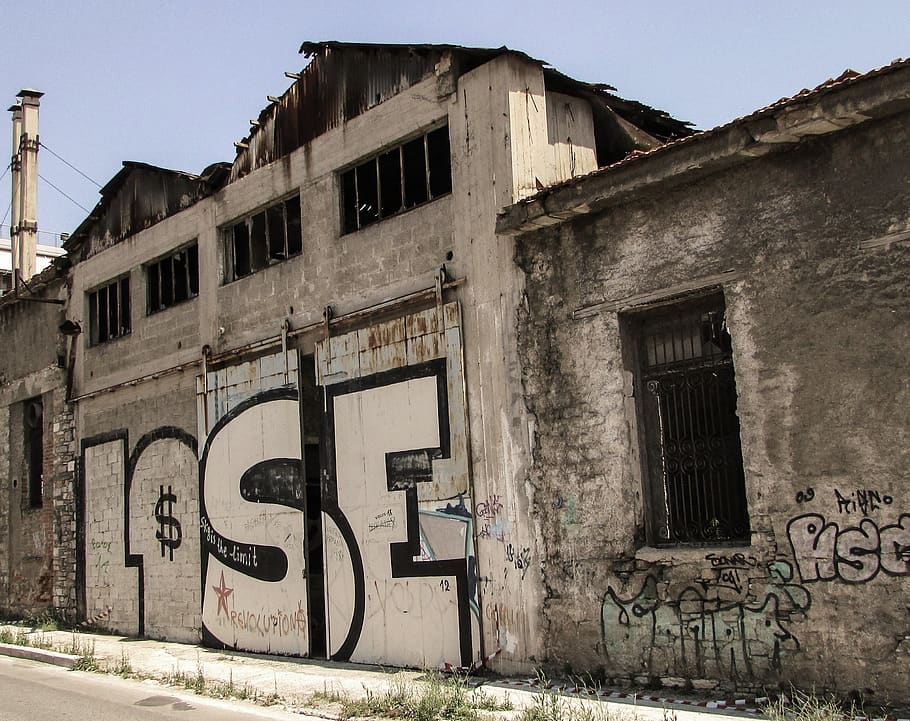 perder, decadência, antiga fábrica, abandonada, crise, perda, falha, falência, falhar, grécia
