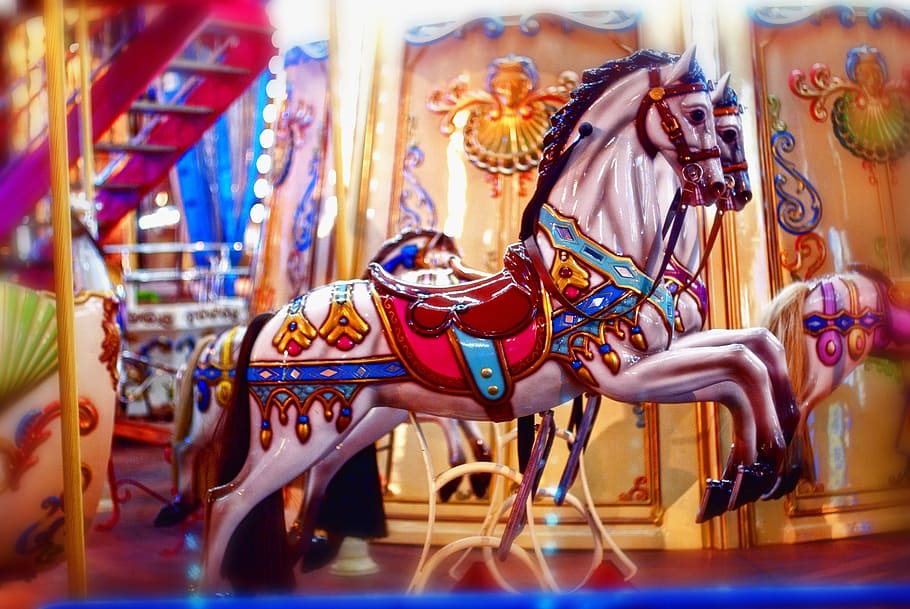 multicolored, ceramic, horse carousel, carnival, carousel, horses, entertainment, toy, colorful, bright