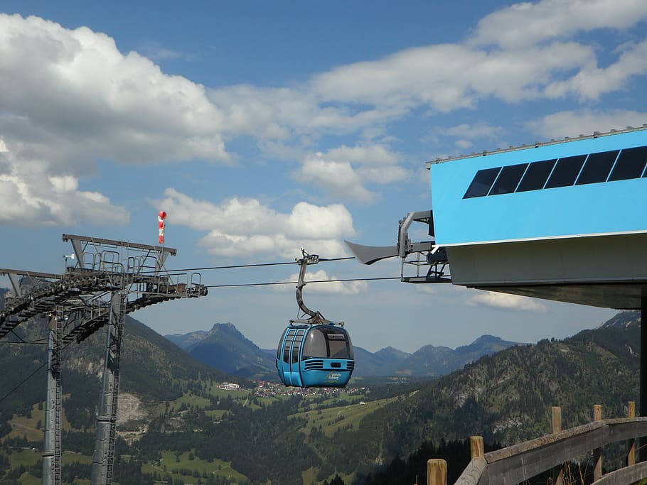 gondola, mountain station, mountain, allgäu, mountains, sky, transportation, cloud - sky, mode of transportation, nature