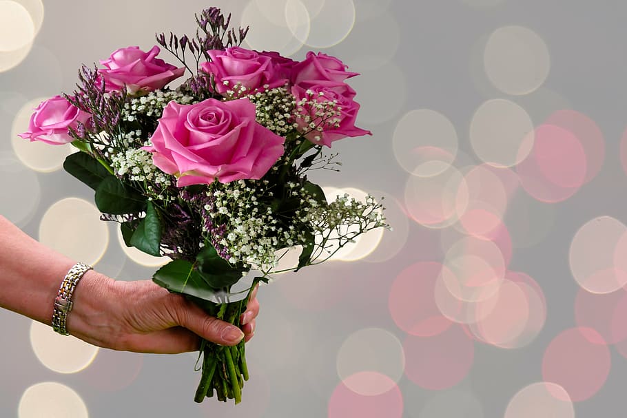 person, holding, pink, rose, bouquet, flowers, roses, thank you, thank you very much, birthday