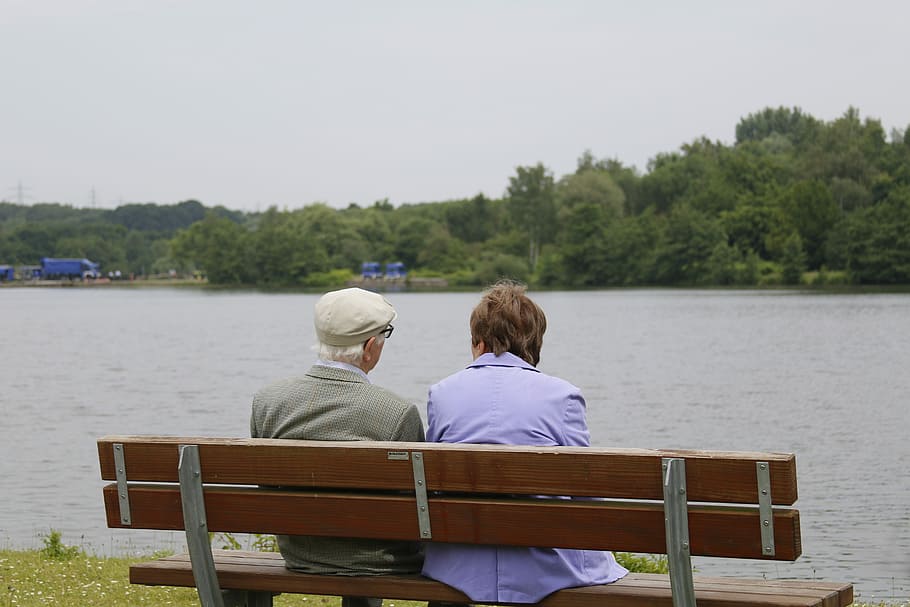 two, person, sitting, bench, river, day time, Peace, Couple, Old, Retired