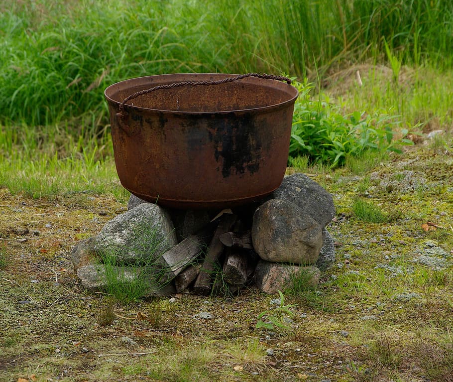 Cauldron, Cooking, Rust, outdoors, cooking Pan, grass, old, day, nature, plant