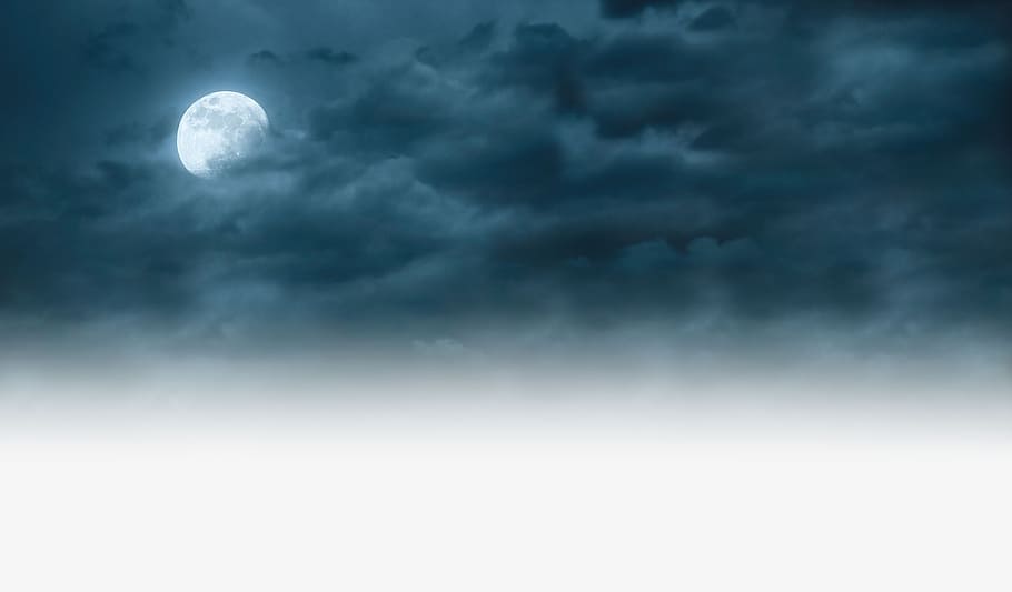 completo, luna, cubierto, nubes, cielo, noche, nublado, luz de la luna, astronomía, escena