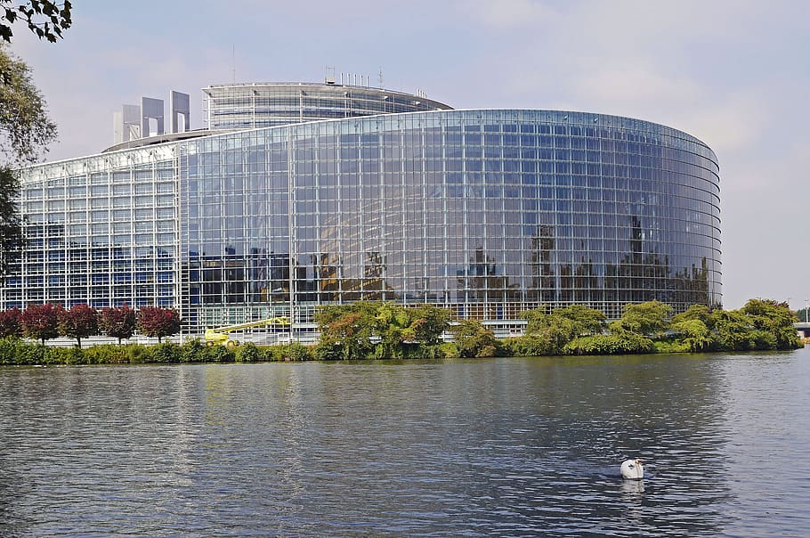 glass building, body, water, European Parliament, Strasbourg, Chamber, european union, water side, ill, parliament