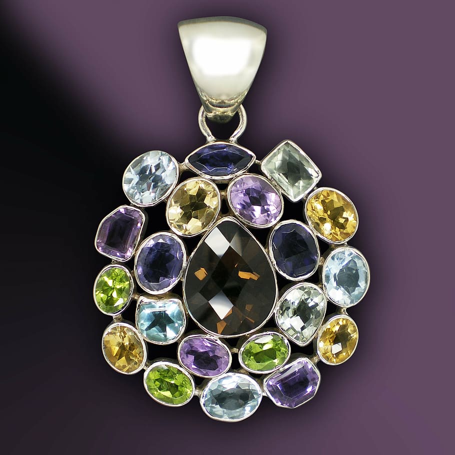 silver-colored assorted-color gemstone pendant, gems, jewellery, trailers, silver jewelry, violet, yellow, green, light blue, brown