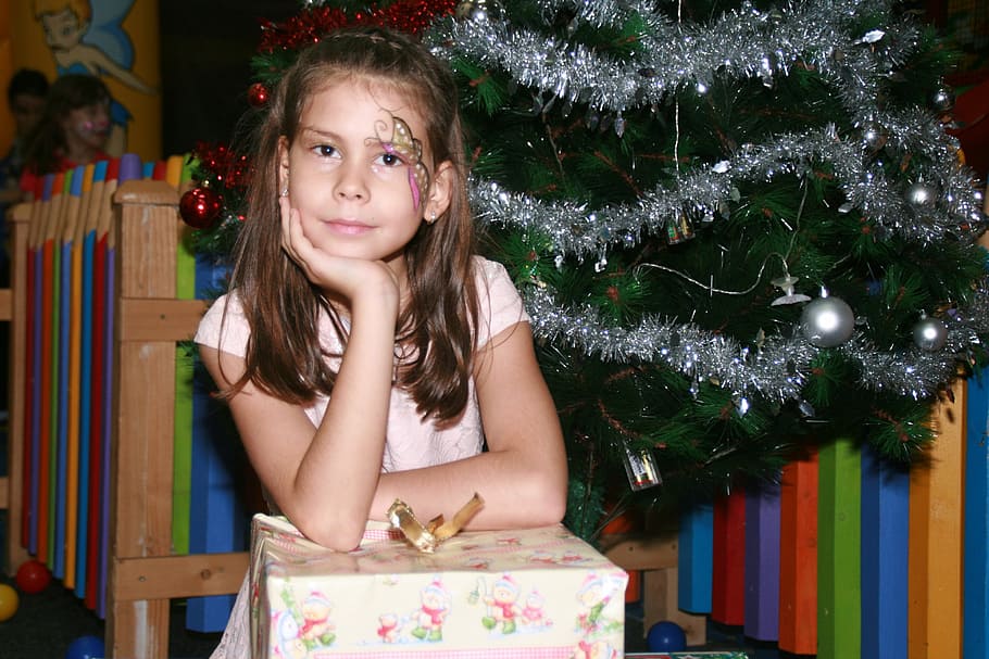 Girl, Christmas Tree, Holidays, gift, christmas, looking at camera, celebration, portrait, christmas present, holiday