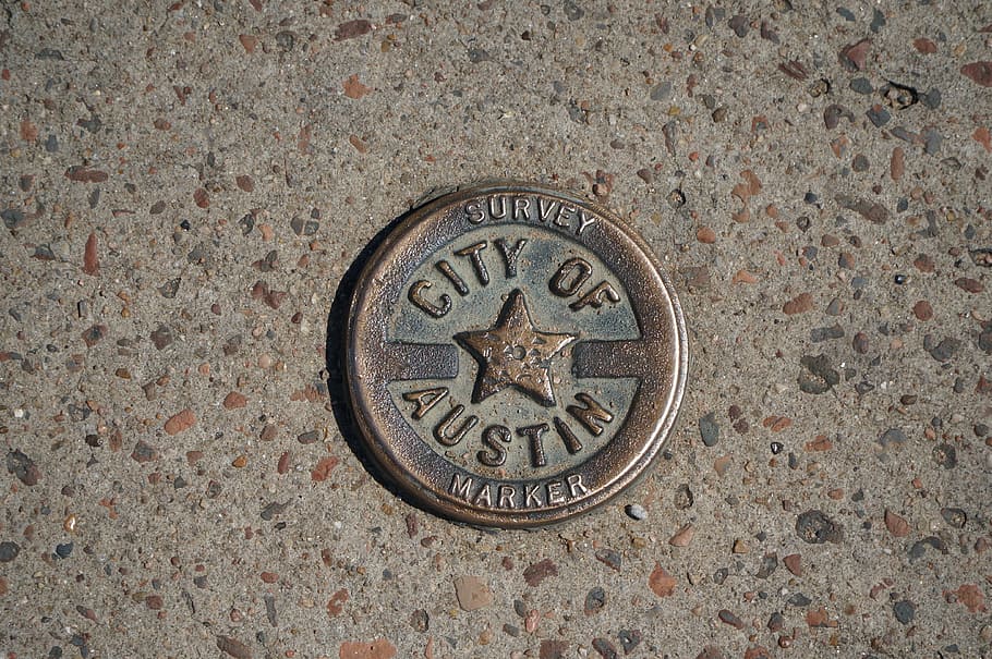 old, medal, survey, sidewalk, austin, texas, metal, icon, geometric shape, circle