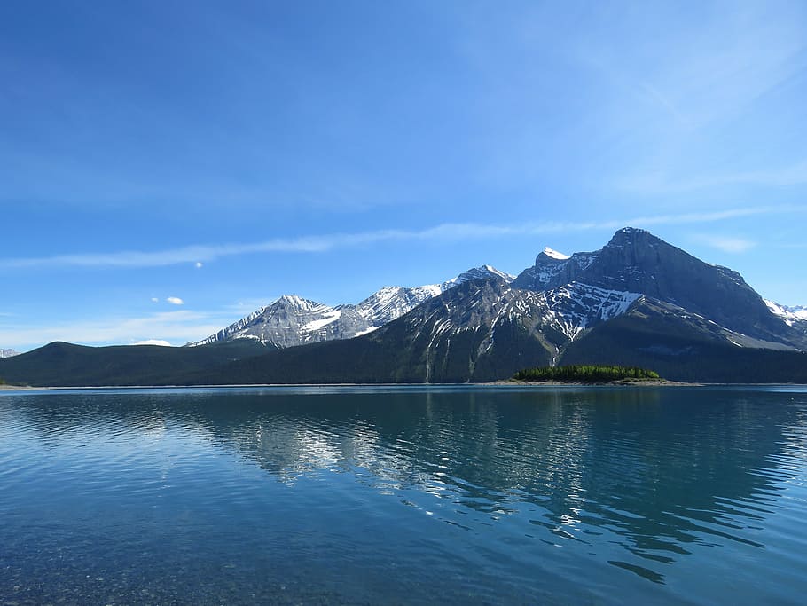 mountain, body, water, daytime, upper kananaskis lake, rocky mountains, alberta, canada, lake, mountains
