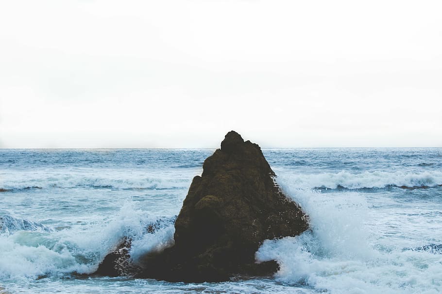 rock, body, water, sea, waves, hitting, brown, formation, horizon, blue