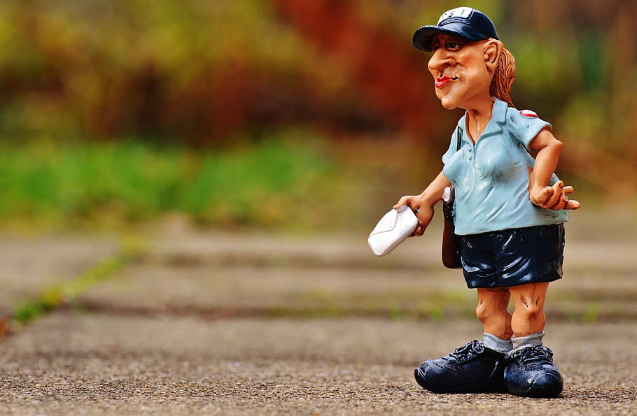 mailman figurine, gray, pavement, mailwoman, civil servant, letters, places to, delivery, shipping, messenger
