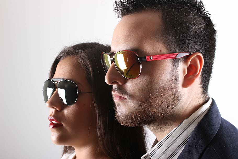man, woman, wearing, aviator-style sunglasses, spy, entrepreneurs, couple, business, sunglasses, headshot