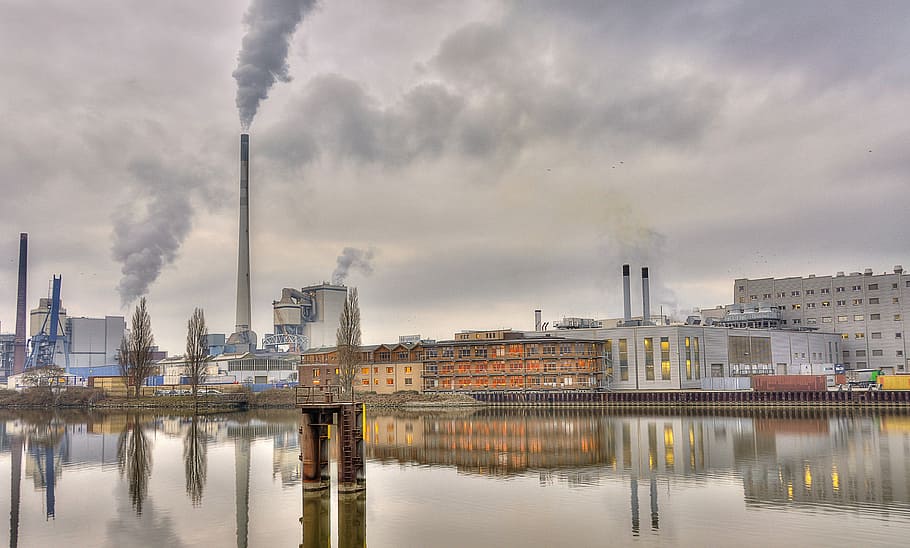 fábricas, ao lado, corpo, água, poluição, águas, fumaça, indústria, moinho, questões ambientais