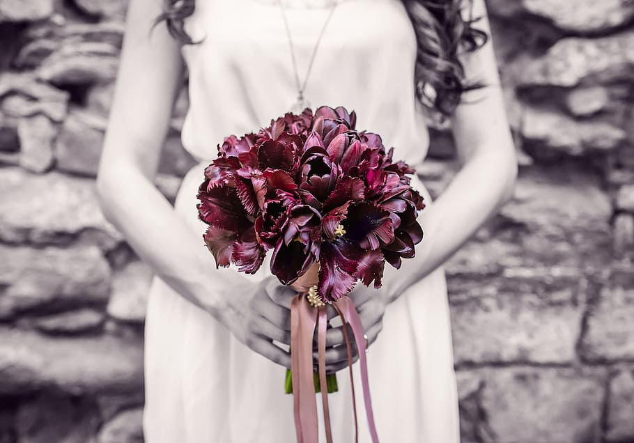woman, white, dress, holding, purple, flower bouquet, woman in white, white dress, purple flower, bridesmaid