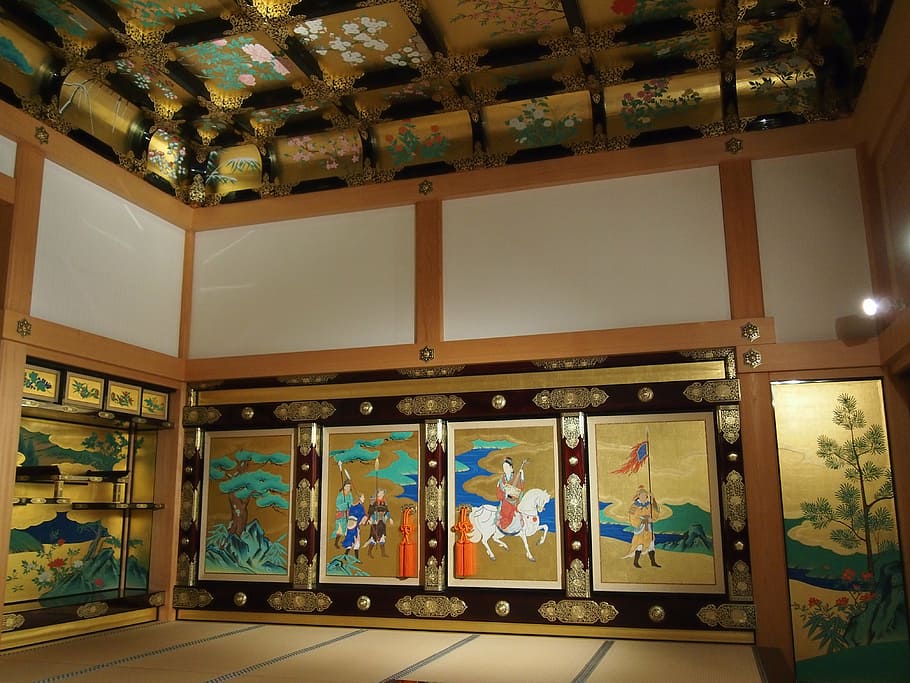kumamoto castle, shokun between, building, architecture, kumamoto, indoors, ceiling, illuminated, representation, human representation