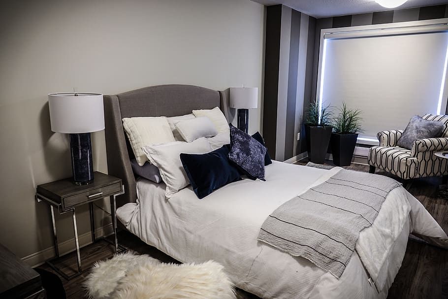bedroom, bed, pillows, lamp, side table, area rug, window, sleep, luxury, luxury bedroom
