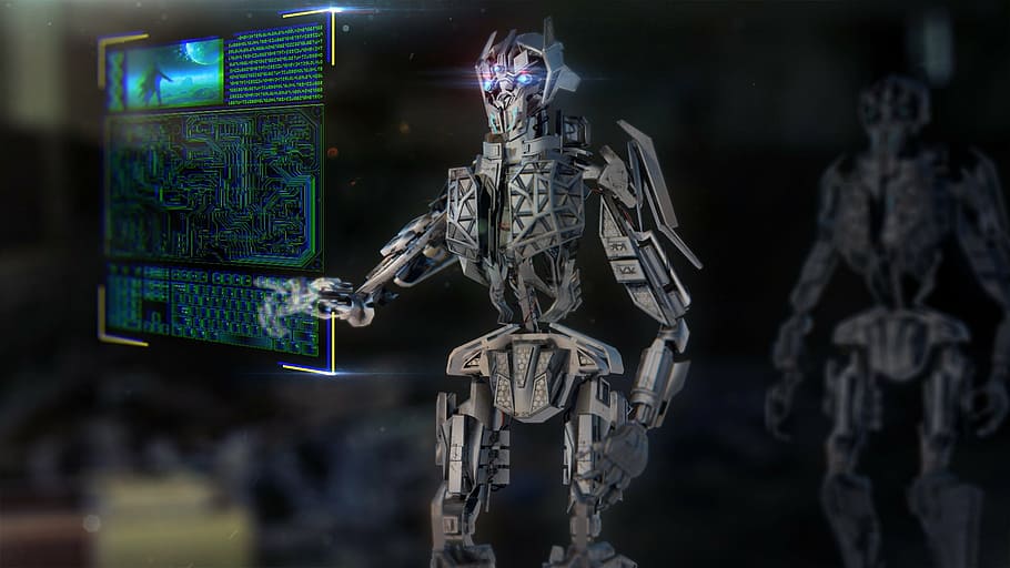 gray, robot, touching, screen wallpaper, mech, machine, technology, urban, ai, artificial intelligence