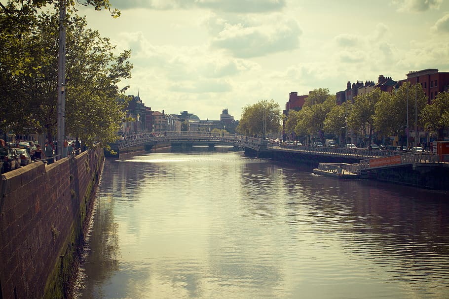 River Liffey, Dublin, Irlandia, jembatan, air, kanal, kota, perkotaan, bangunan, pohon