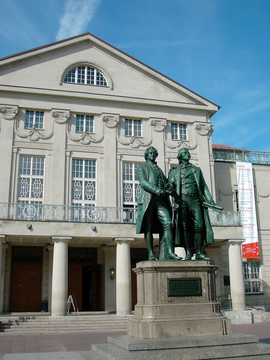 goethe, schiller, monument, double statue, bronze, theatre square, german national theatre, weimar, sculpture, architecture