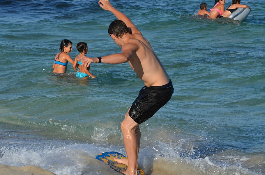 skim boarding, surf, balance, sport, boy, fun, water sports, beach, sea, holiday