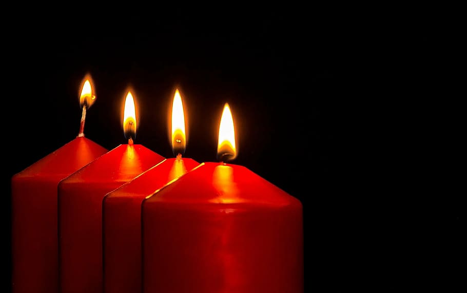 four, red, lighted, pillar candles, advent, advent candles, christmas jewelry, candles, fourth candle, light
