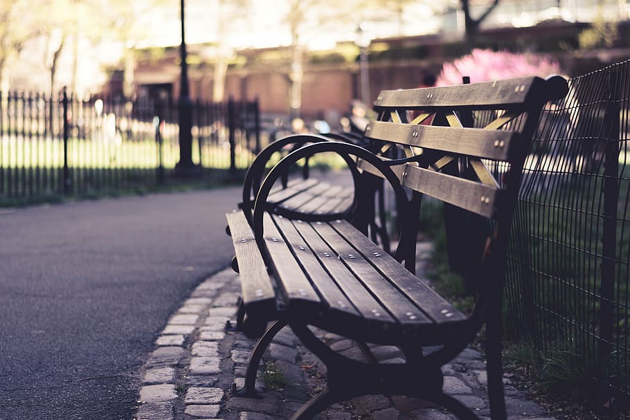 empty, black, outdoor, benches, daytime, chair, bench, park, wood, street