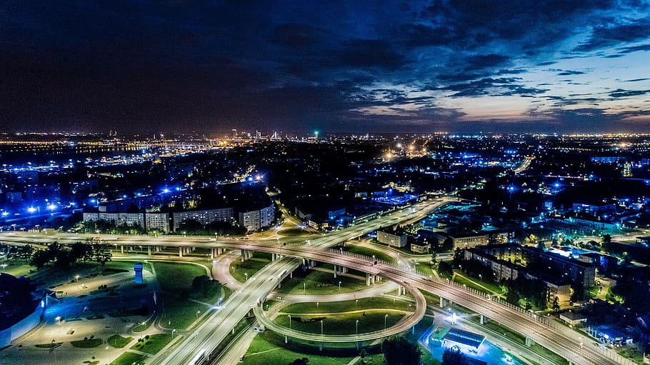 time lapse shot, city, dawn, riga, aerial view, night, traffic, streets, roads, highway
