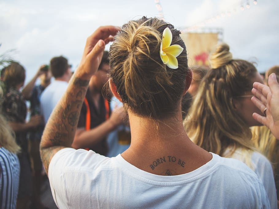 people, crowd, back, tattoo, arm, blur, outdoor, real people, headshot, rear view