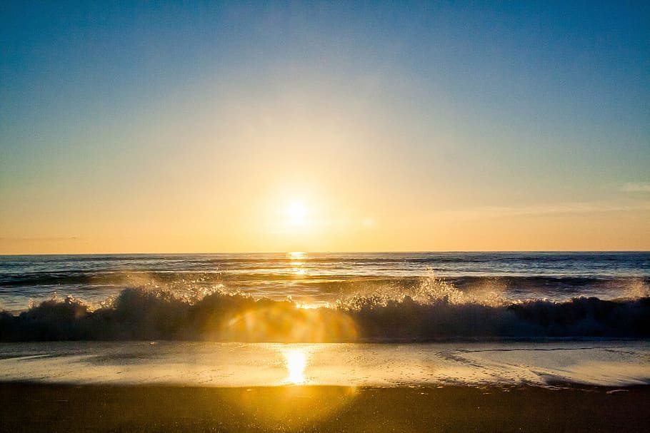 夕日, 太陽, 設定, 地平線, 太陽光線, ビーチ, 砂, 海, 海岸, 波