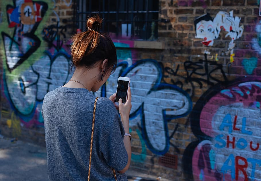 people, woman, cellphone, phone, iphone, mobile, graffiti, wall, paint, art