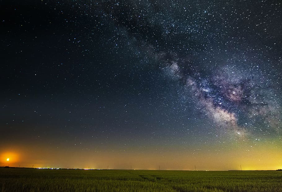 green, grass field, starry night, Sky, Stars, Night, Astronomy, space, dark, blue