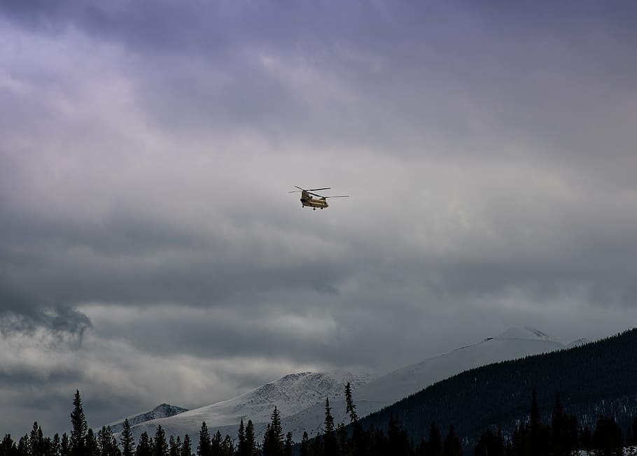 flying, helicopter, sky, mountain, highland, snow, winter, summit, blue, clouds