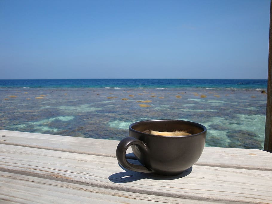 black, teacup, dock, daytime, Coffee, Honeymoon, Maldives, Romance, love, beverage
