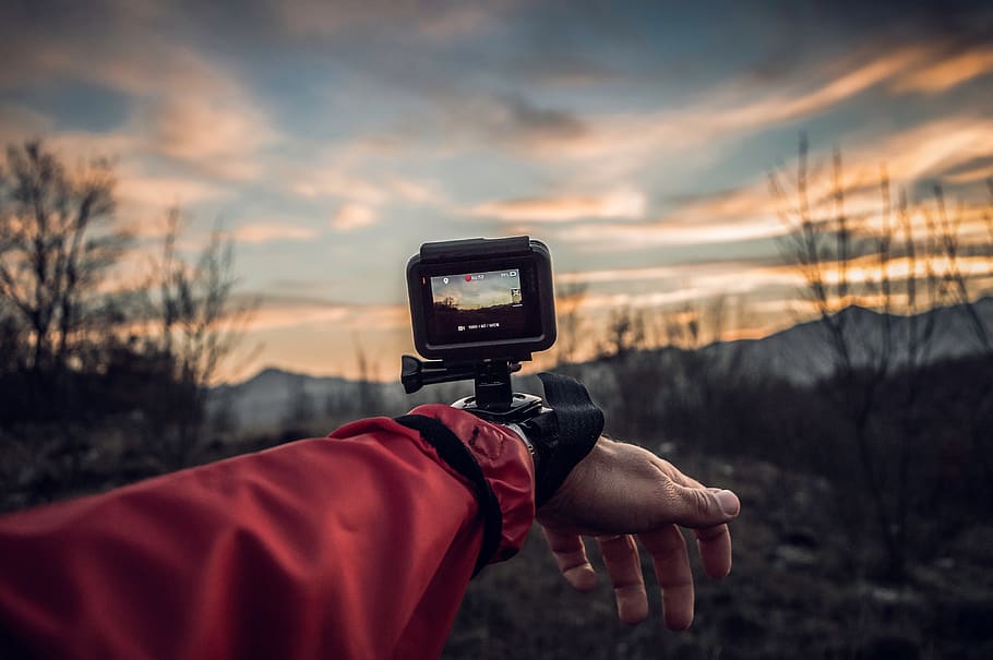 camera, go pro, people, hand, mount, nature, record, video, clouds, technology