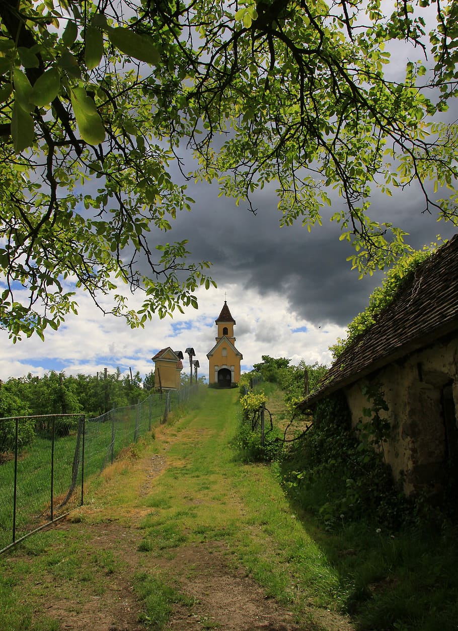 chapel, calvary, nature, weather mood, trail, clouds, landscape, tree, built structure, architecture