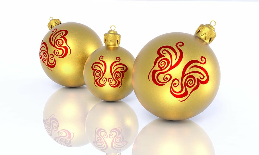 tres adornos de color dorado, navidad, adornos, vacaciones, decoración, adornos navideños, celebración, invierno, rojo, temporada