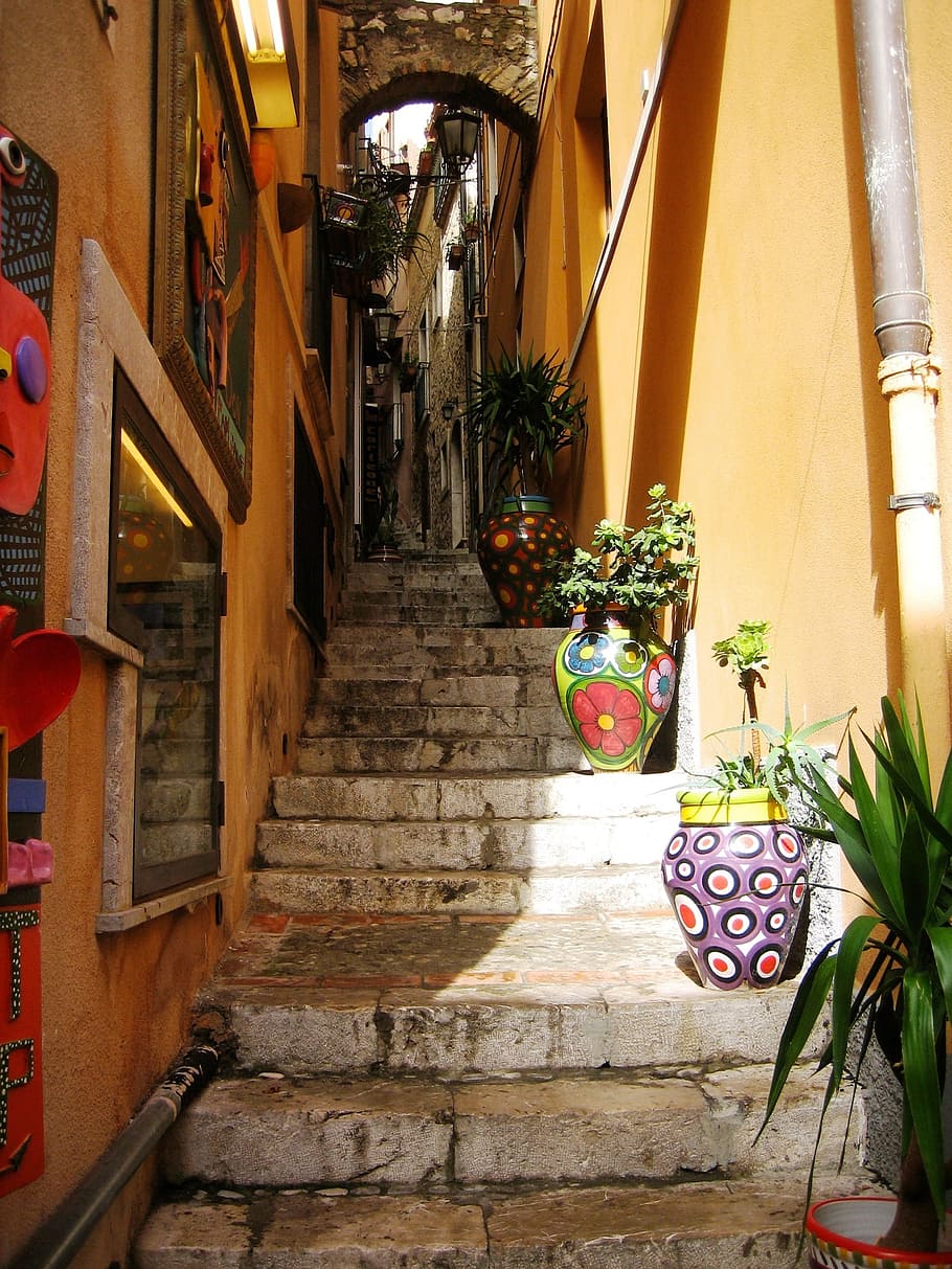 green, leafed, plants, stairs, alley, torremolinos, spain, old town, eng, gradually