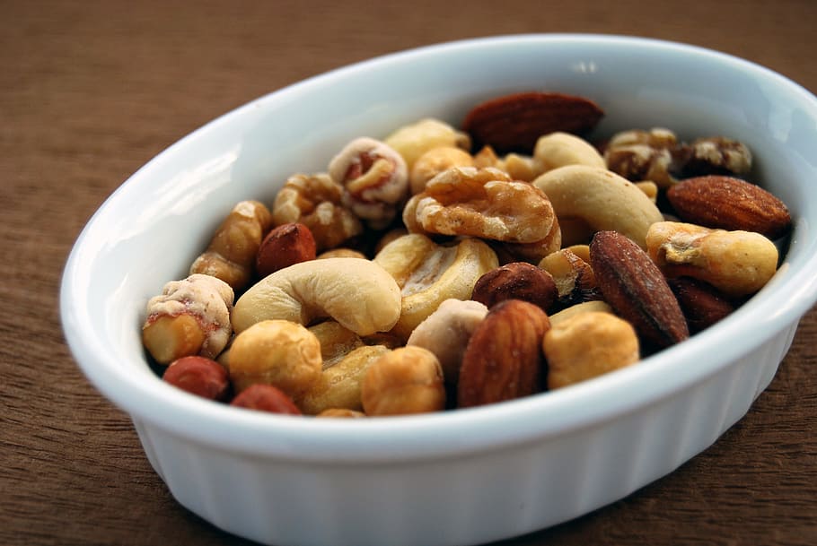 white, brown, nuts, round, ceramic, bowl, food, almond, cachew, gourmet