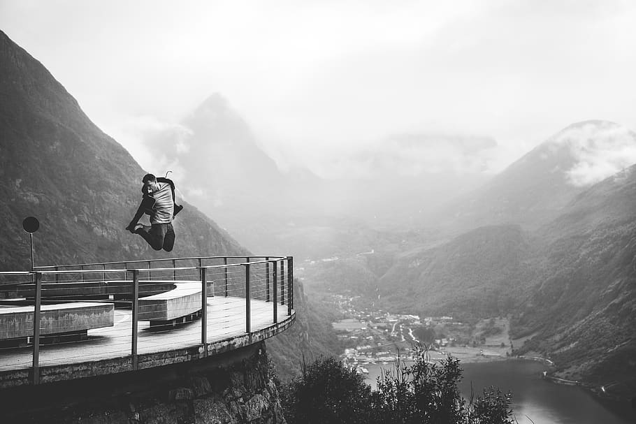 guy, man, jumping, lookout, railing, view, people, lifestyle, mountains, hills
