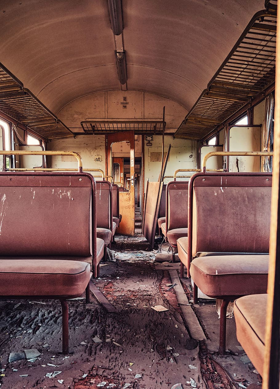 vagón, asientos, viejo, fragmento, interior, reto, vagón de ferrocarril, sentarse, tren, chatarra