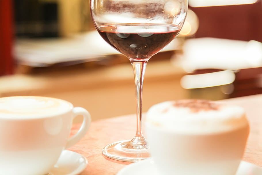 clear, footed glass, brown, surface, wine glass, coffee cup, restaurant, berlin, kurfürstendamm, food and drink
