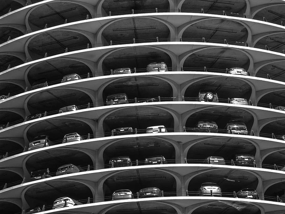 garage, car parking space, chicago, in a row, large group of objects, full frame, repetition, arrangement, side by side, abundance