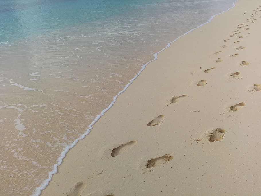 足跡, ビーチの砂, ビーチ, 水, 印刷, 足, 海, 砂, 夏, 旅行