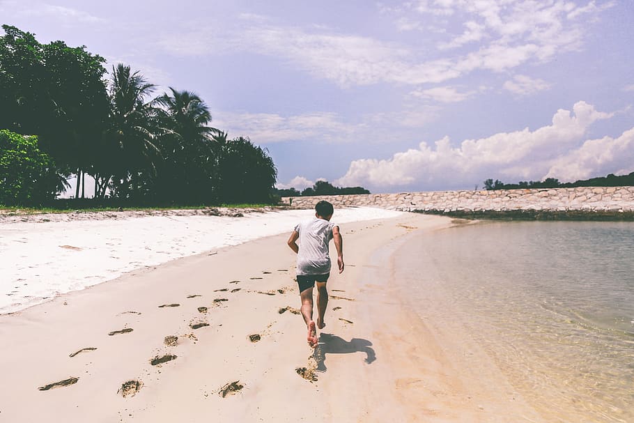 boy, guy, running, beach, sand, shore, footprints, fitness, exercise, shorts