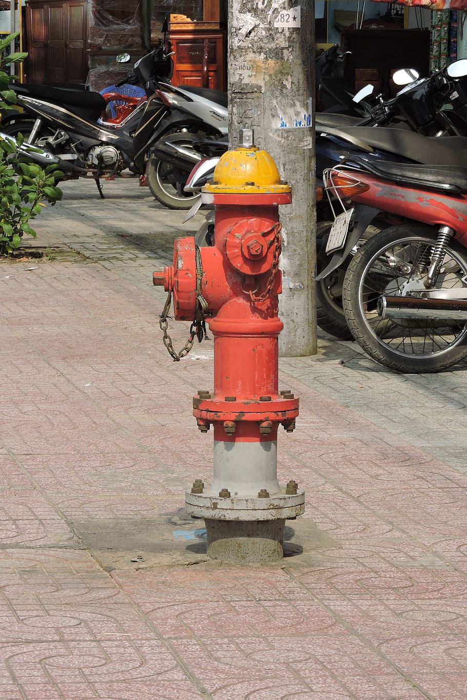 water tool, red, water, equipment, fire hydrant, protection, security, safety, footpath, day