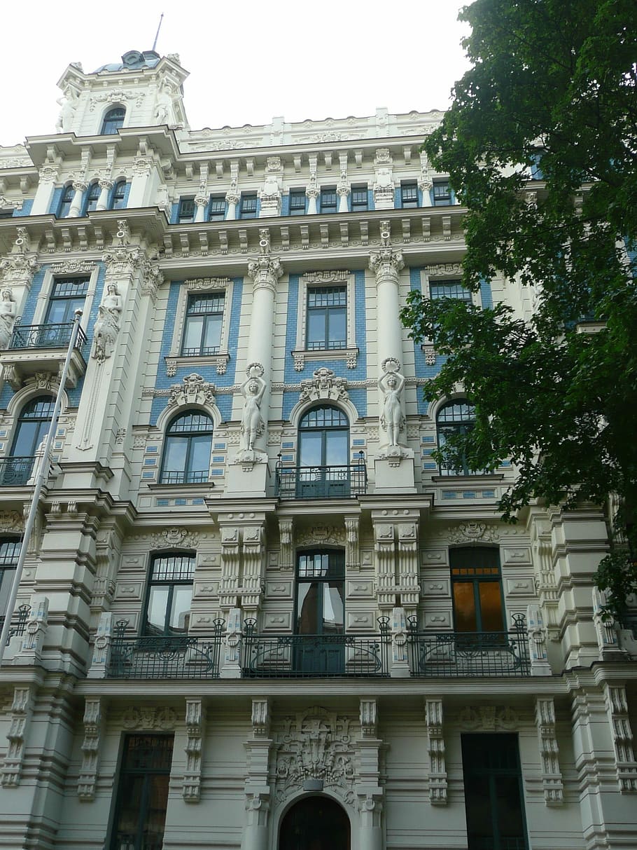 Latvia, Riga, Art Nouveau, arsitektur, eksterior bangunan, sudut pandang rendah, struktur bangunan, fasad, tidak ada orang, struktur yang dibangun