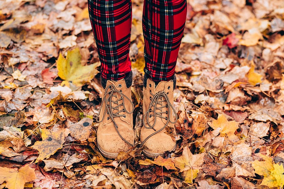 person, wearing, pair, brown, work boots, autumn, boots, dry leaves, fall, feet