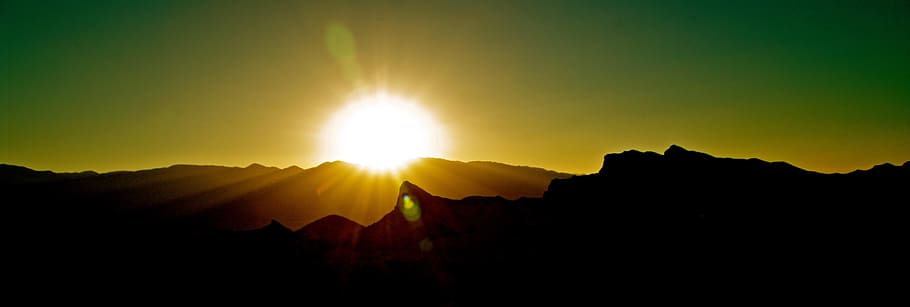 砂漠, デスバレー, 日没, 太陽, 太陽光線, 日光, シルエット, 人なし, 空, 山