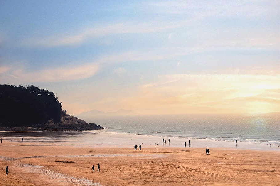 Mar, República da Coréia, Daecheon, Céu, brilho, natureza, pôr do sol, paisagem, areia, praia