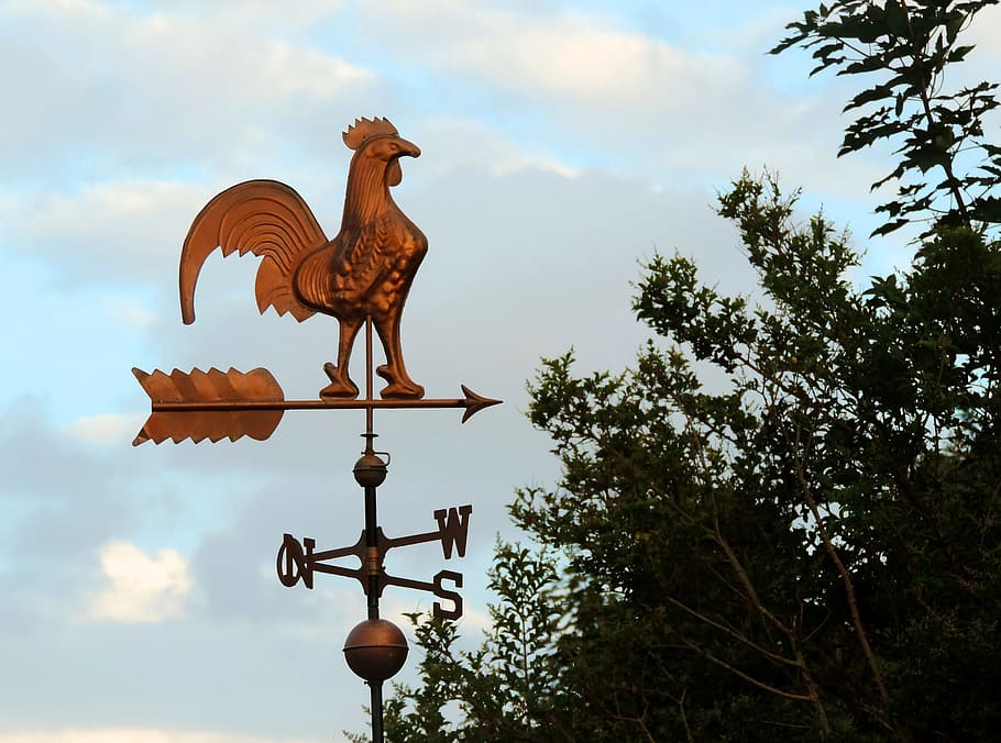 weather vane, borkum, wind, figure, copper, weather, direction, sky, clouds, points of the compass