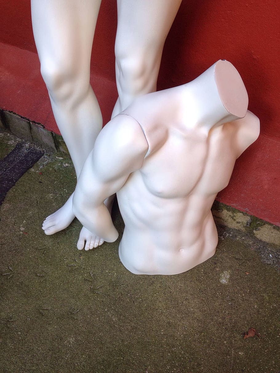 torso mannequin, floor, display dummy, doll, headless, legs, feet, upper body, broken, representation
